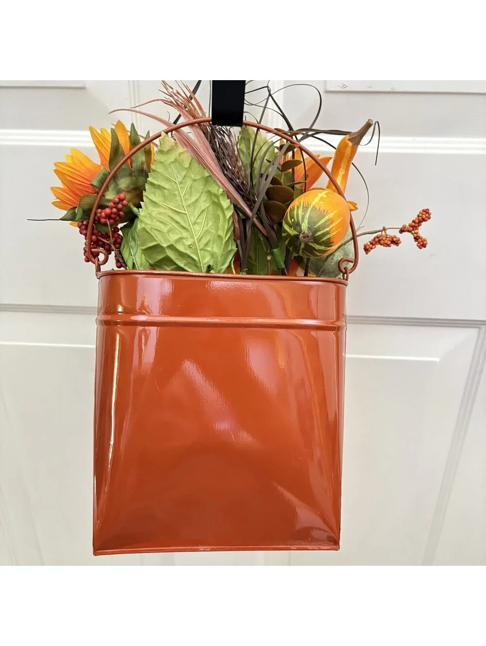 Fall Autumn Floral Sunflower Pocket Metal Bucket Door-Knob Basket ~ Home Decor